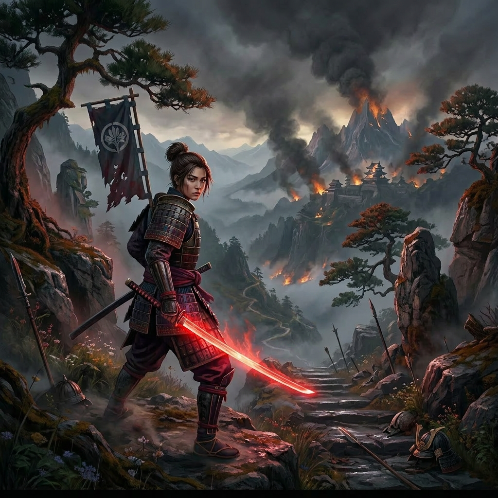 Samurai warrior with glowing blue sword standing on rocky path overlooking foggy mountains and castle