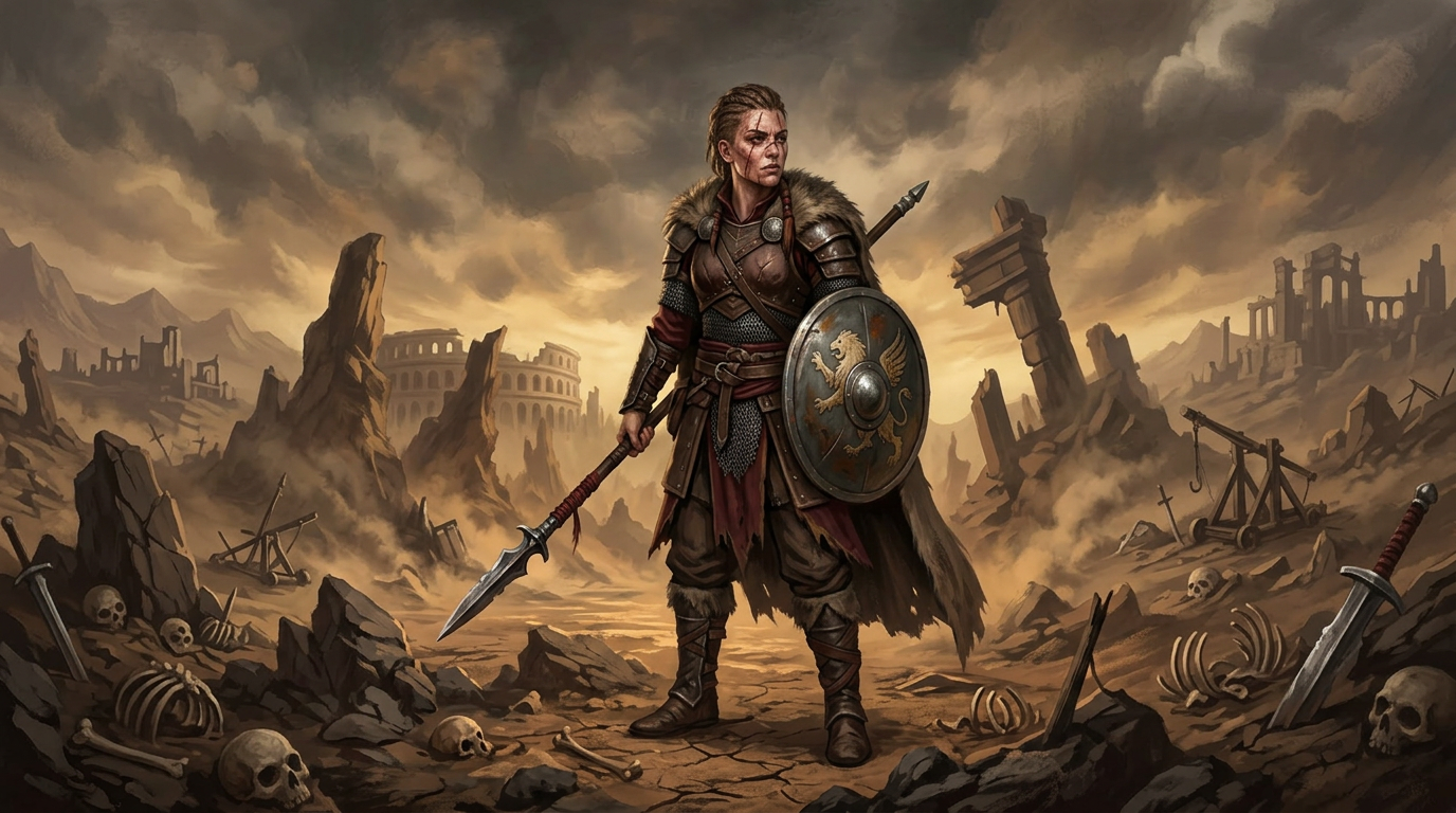 armored warrior holding spear and shield with lion emblem in desolate rocky battlefield