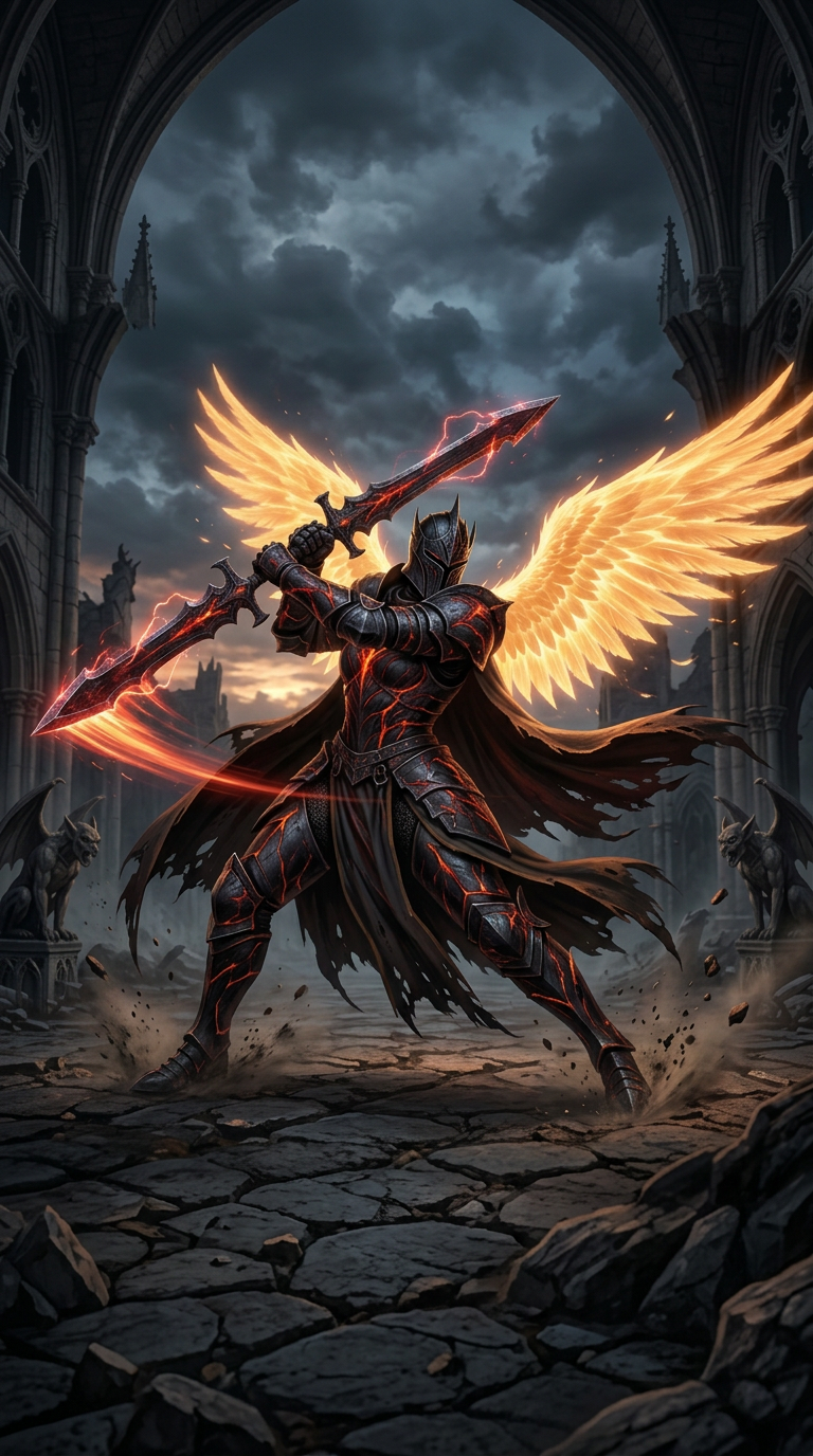 Armored warrior with glowing orange wings and flaming sword standing in ruins