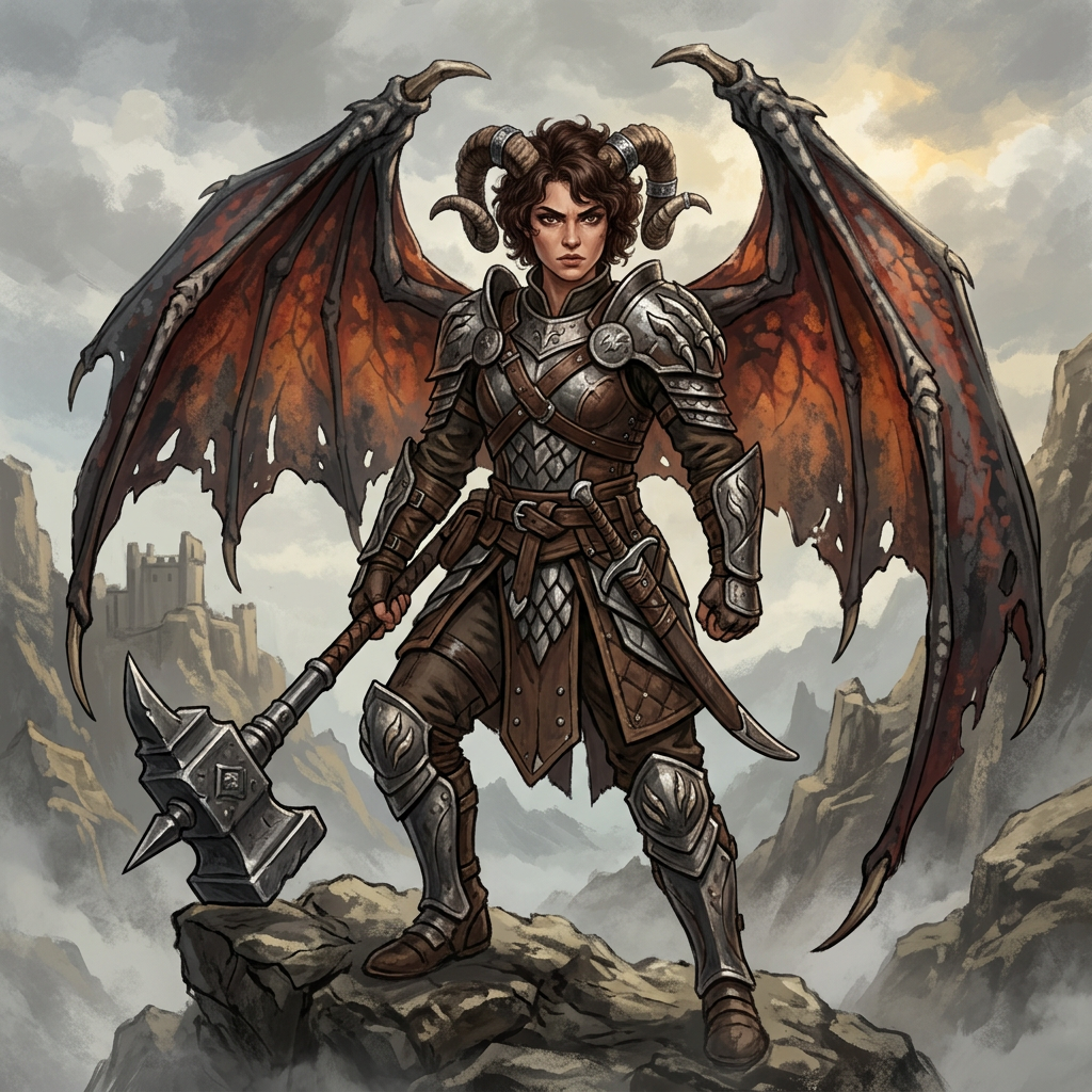 Armored warrior with horns and tattered dragon-like wings holding a large hammer