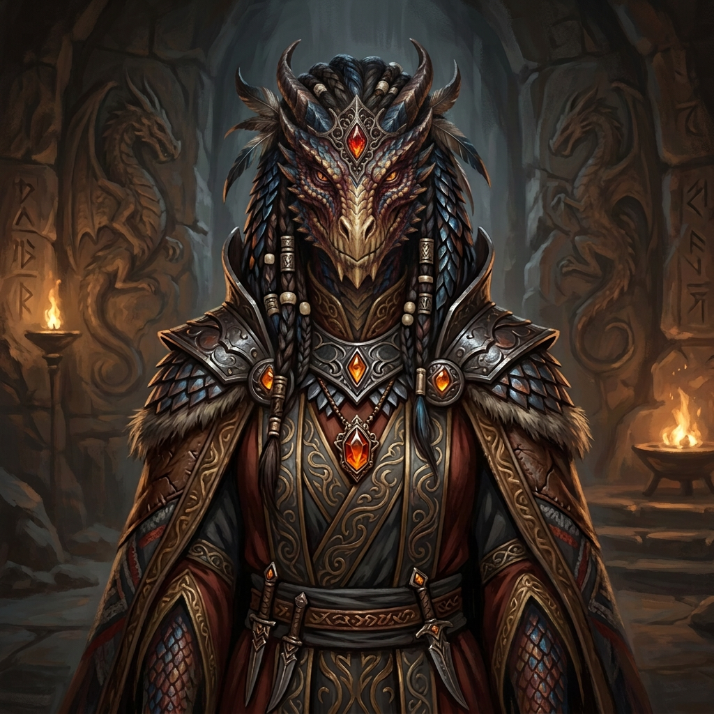 Horned dragon warrior in ornate armor standing inside a torchlit cavern